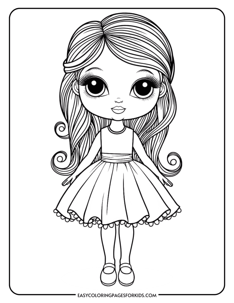Free Girl Coloring Page Stylish girl with long hair in a dress coloring page for children