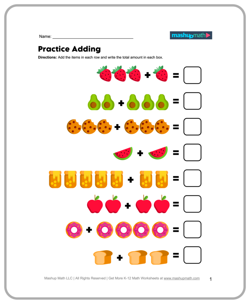 Colorful free kindergarten math worksheets for practicing addition with fun illustrations
