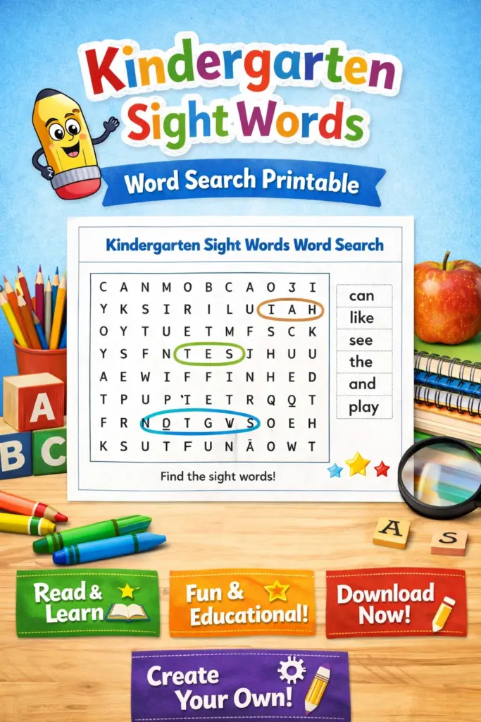 Free Kindergarten Sight Words Word Search Printable (PDF) Free Kindergarten Sight Words Word Search Printable (PDF)