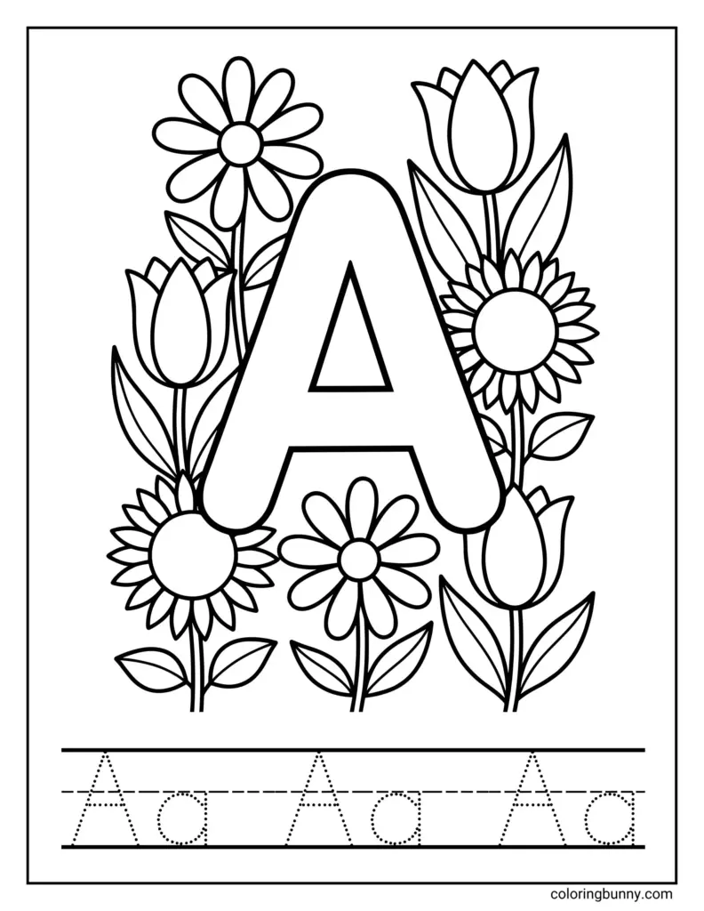 Free Letter A Coloring Pages featuring a large letter A surrounded by flowers and writing practice lines