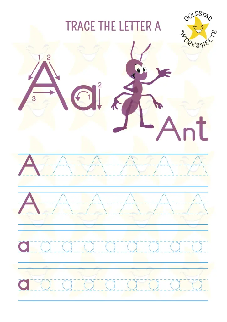 Free letter A tracing worksheets featuring an ant character for kids