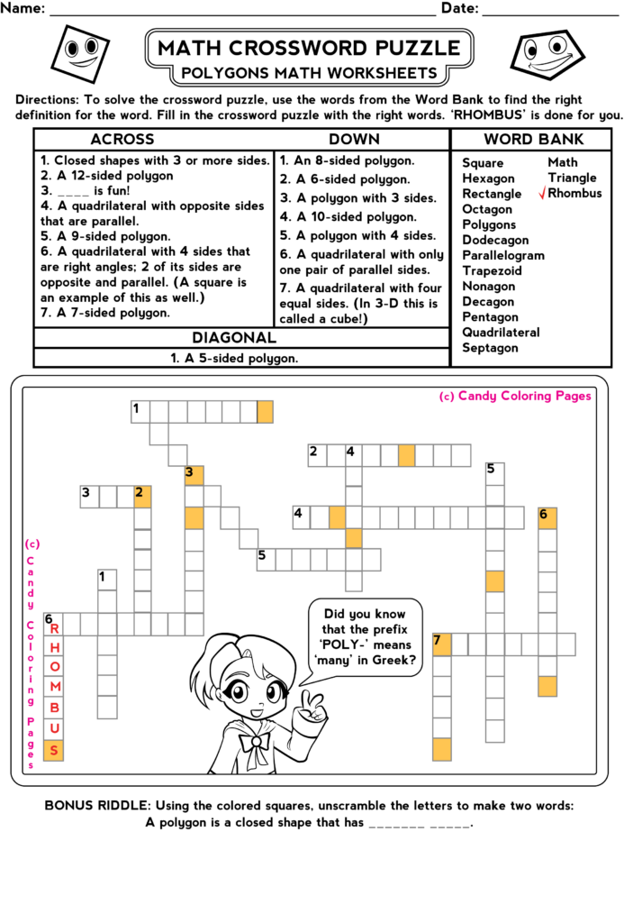 Crossword puzzle worksheet with math-themed clues for engaging learning