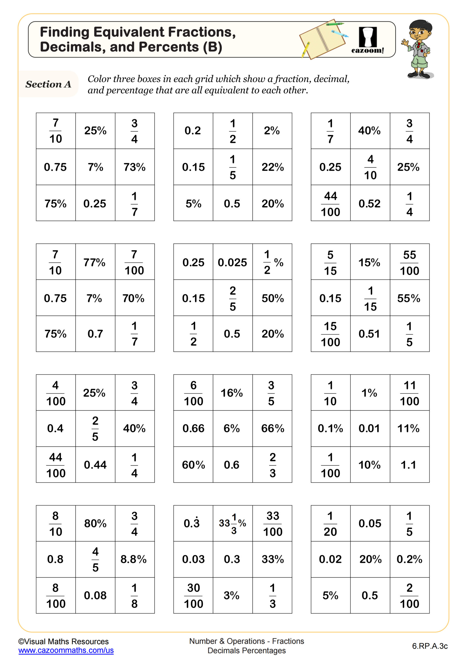 Free Math Sheets For 6th Graders featuring equivalent fractions, decimals, and percents exercises