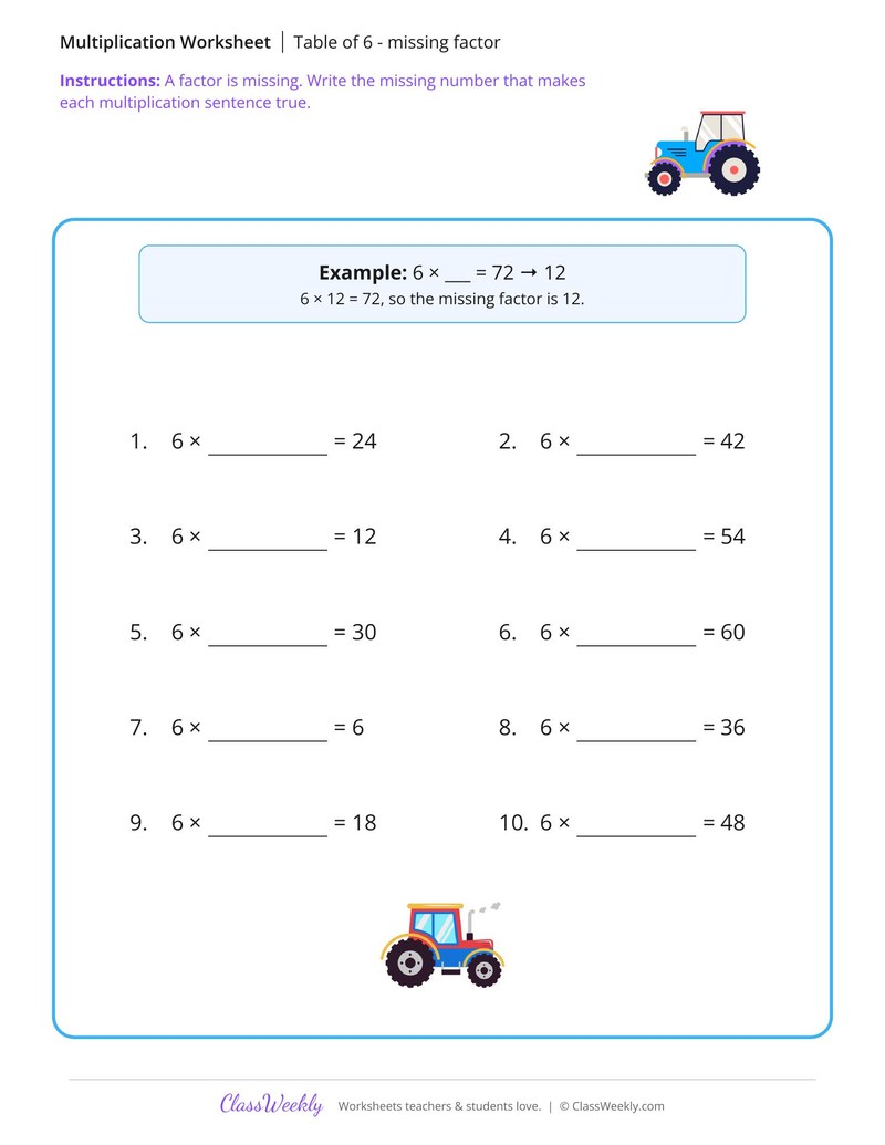 Free Math Worksheets 2nd Grade - Table of 6 - missing factor - Free 2nd Grade Math Worksheet