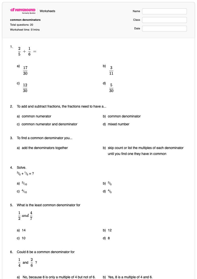 Free Math Worksheets 5th Grade - common denominators - Free Printable Worksheet | Wayground