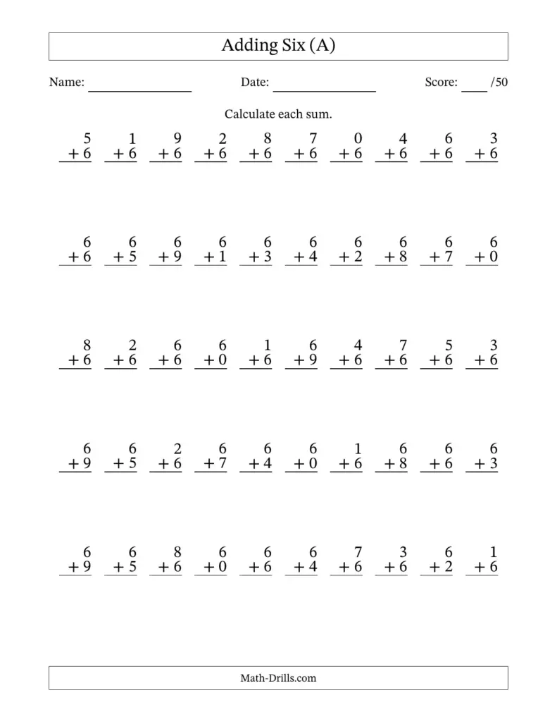 Free Math Worksheets For 6th Grade featuring addition problems with one-digit numbers