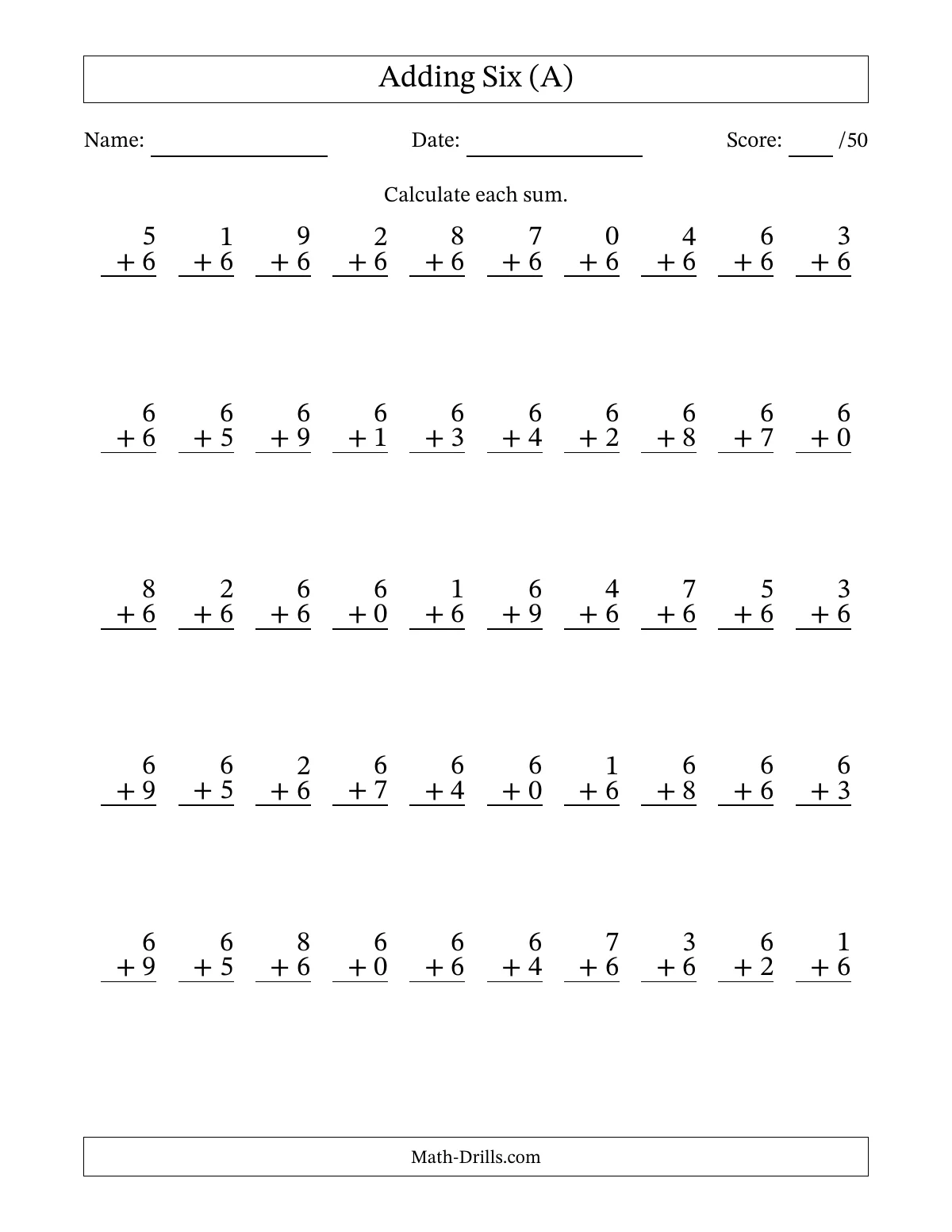 Free Math Worksheets For 6th Grade featuring addition problems with one-digit numbers