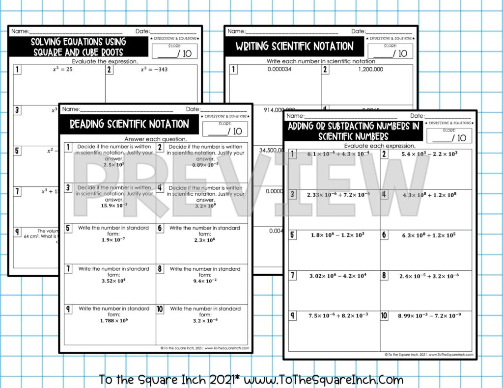 Free Math Worksheets For 8th Graders featuring solving equations and scientific notation exercises