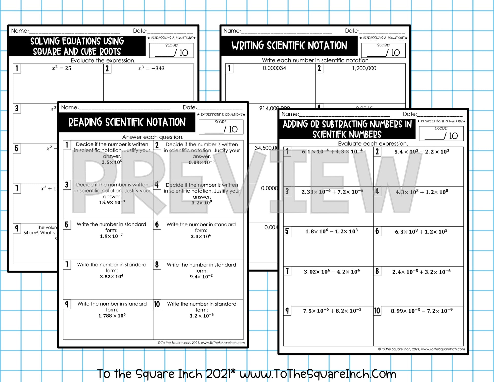 Free Math Worksheets For 8th Graders featuring solving equations and scientific notation exercises