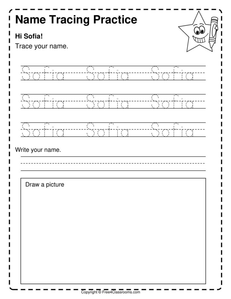 Free Name Tracing Worksheet for Kids – Sofia Free printable name tracing worksheet for kids named Sofia, featuring tracing lines and a drawing area