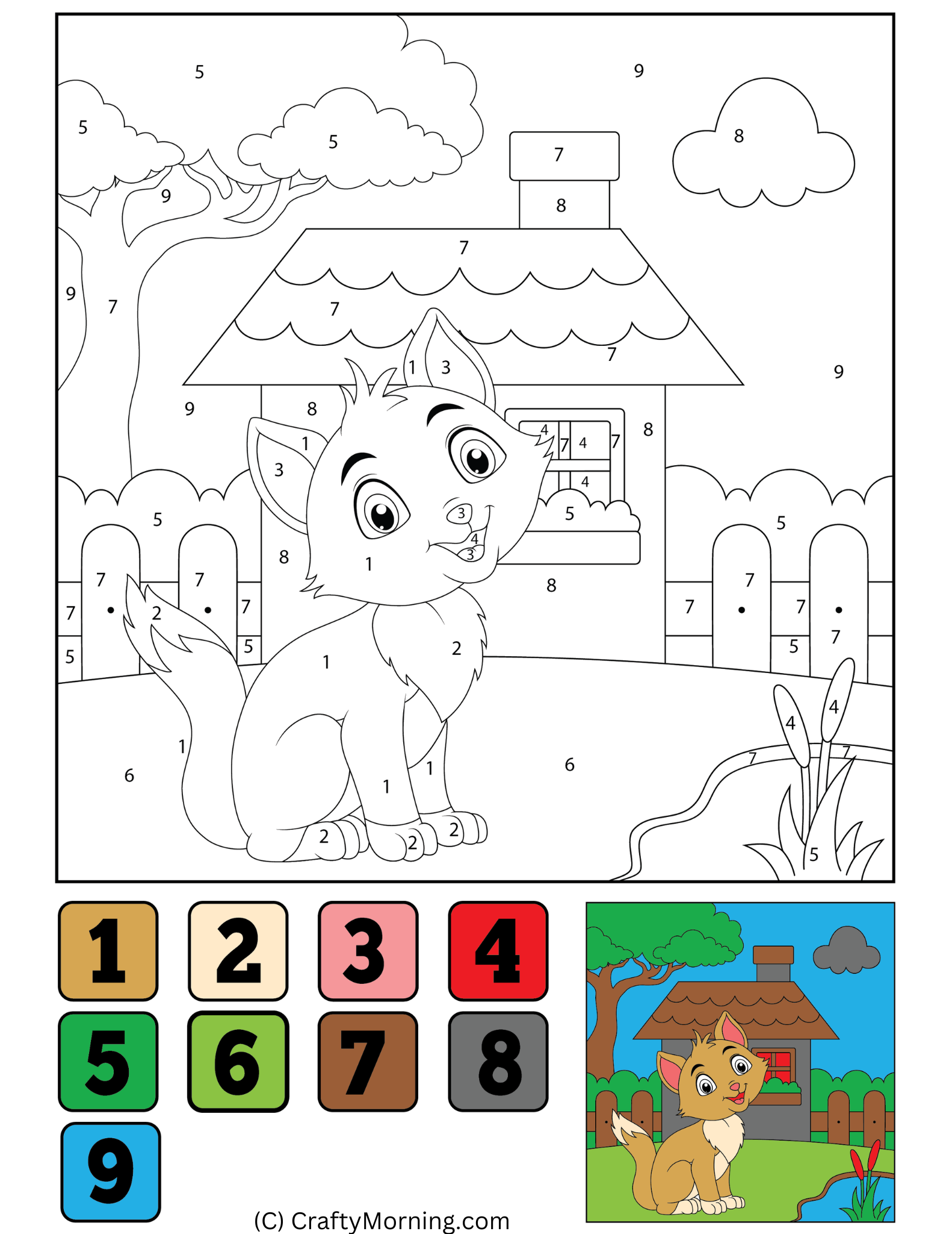 Free Paint By Number Printables showing a playful cat in front of a house with numbered sections