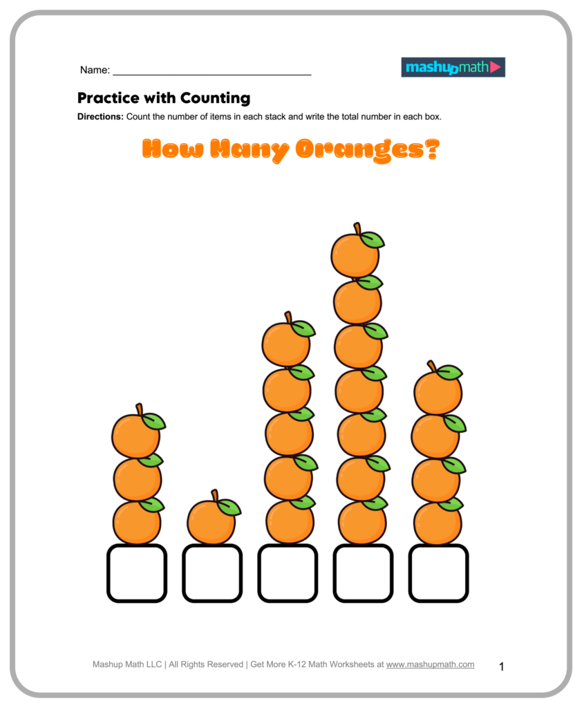 Free Preschool Math Worksheets for Counting Free preschool math worksheets featuring counting oranges activity
