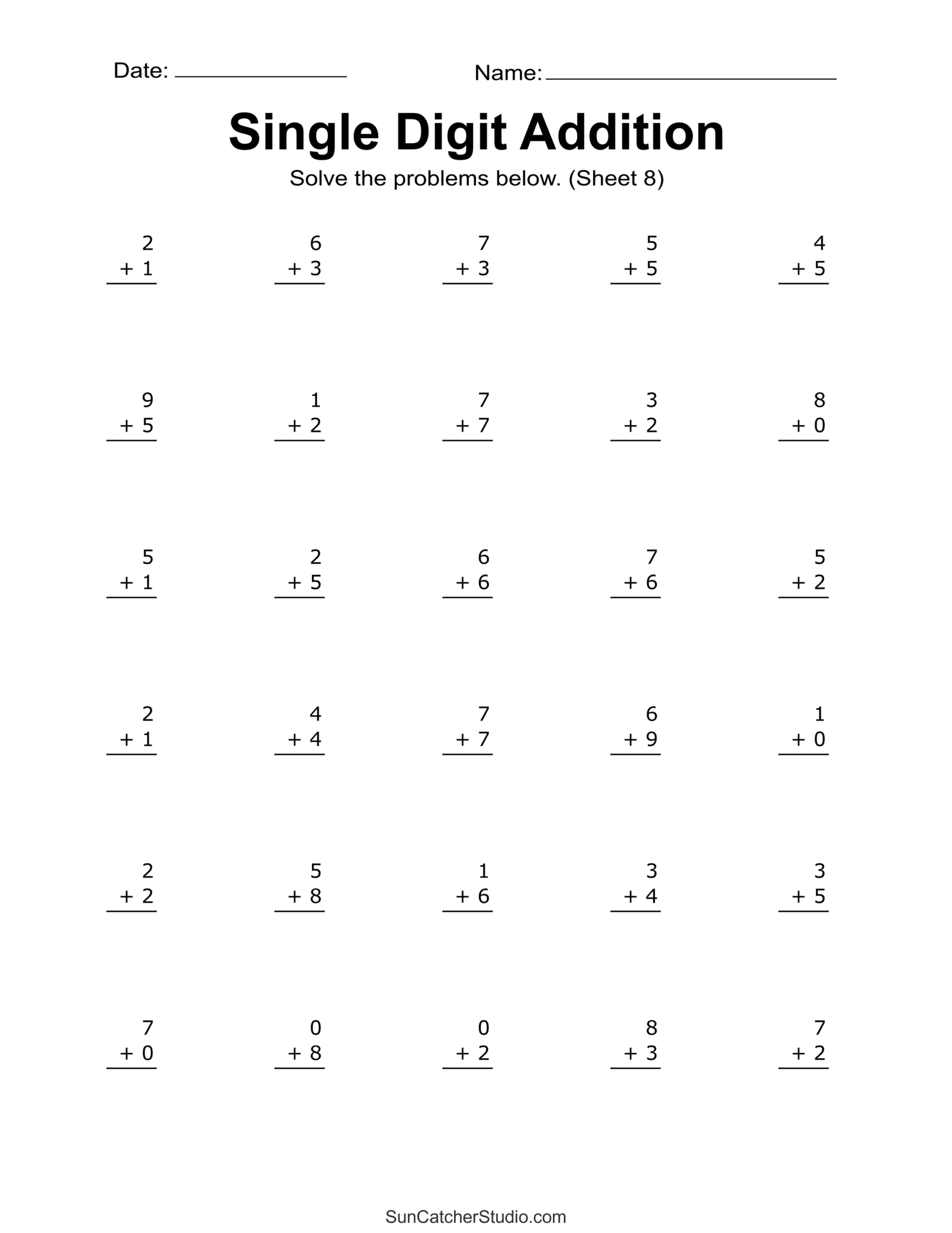 Free Printable 2nd Grade Math Worksheets featuring single digit addition problems for practice