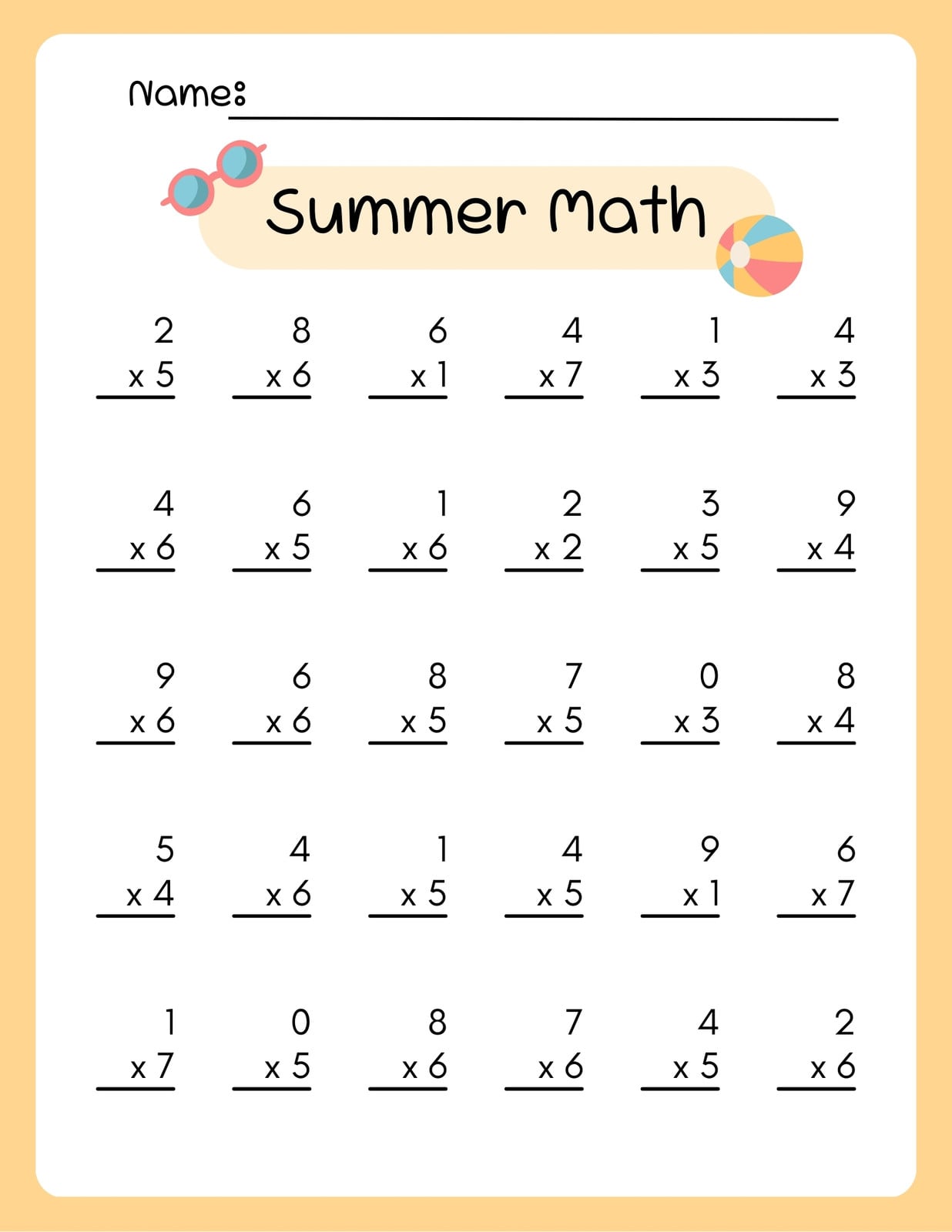 Free Printable 3rd Grade Math Worksheets featuring summer-themed multiplication problems