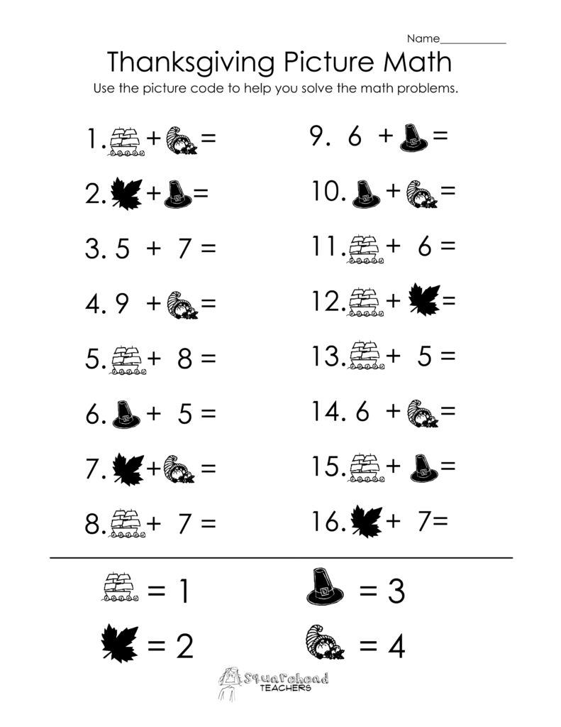 Free Printable 7th Grade Math Worksheets featuring Thanksgiving-themed picture math problems