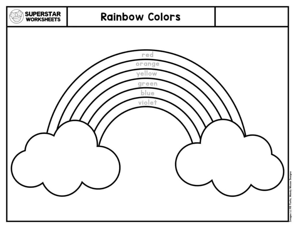 Free Printable Activities For 3 Year Olds featuring a rainbow colors worksheet with labeled colors
