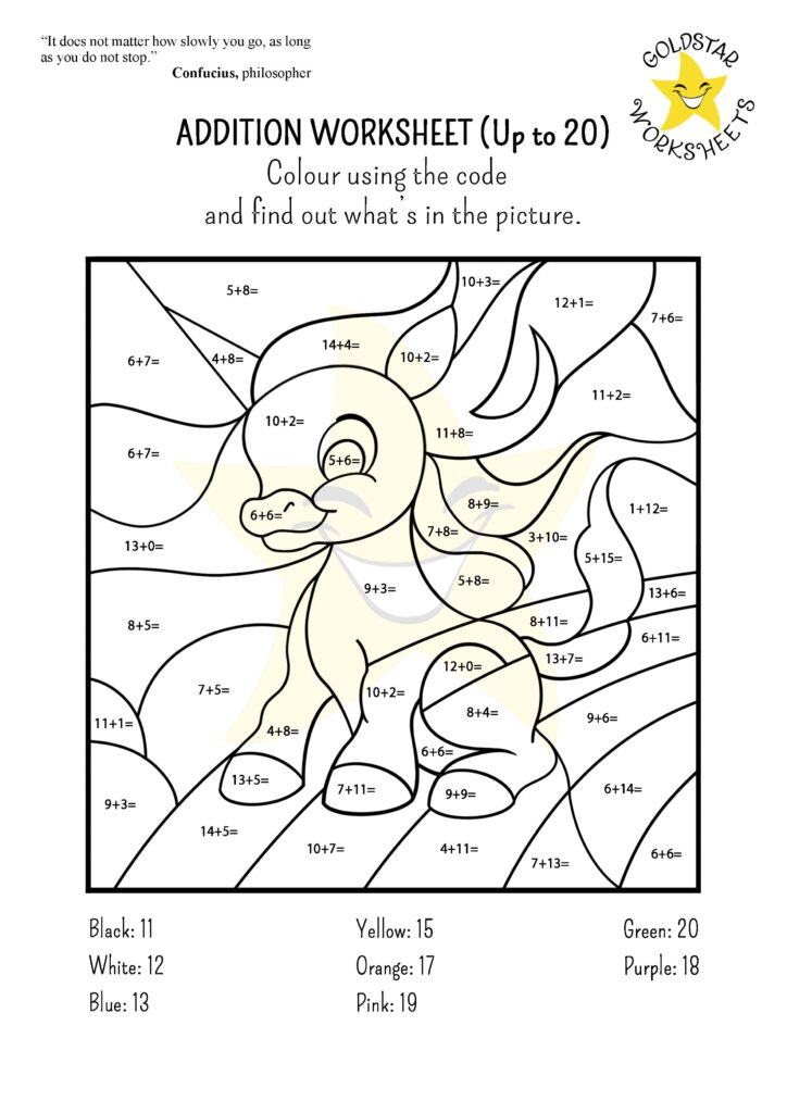 Printable addition worksheet for kindergarten featuring a color-by-number activity
