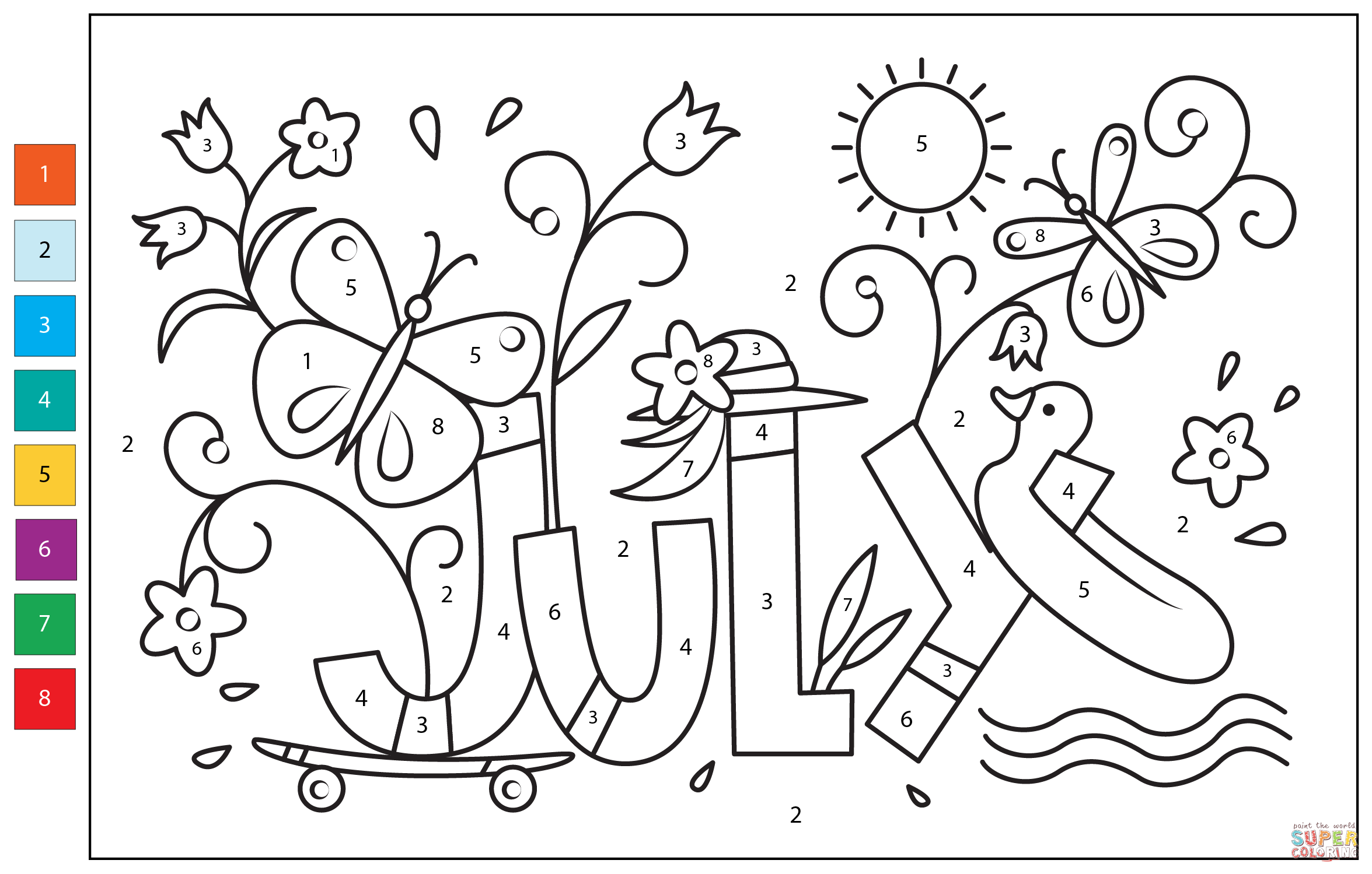 Free Printable Adult Color By Number featuring a vibrant design with flowers and butterflies