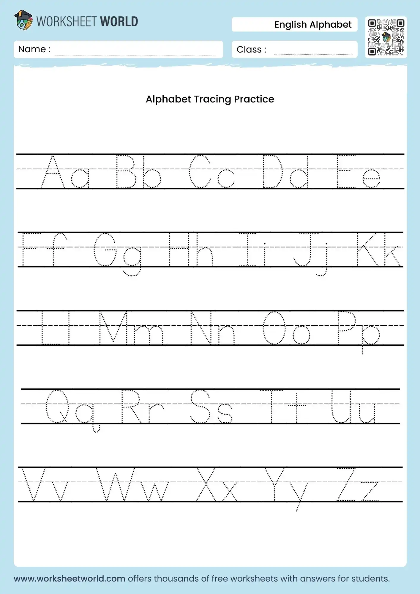 Free Printable Alphabet Tracing Worksheet featuring uppercase and lowercase letters for kids to practice writing