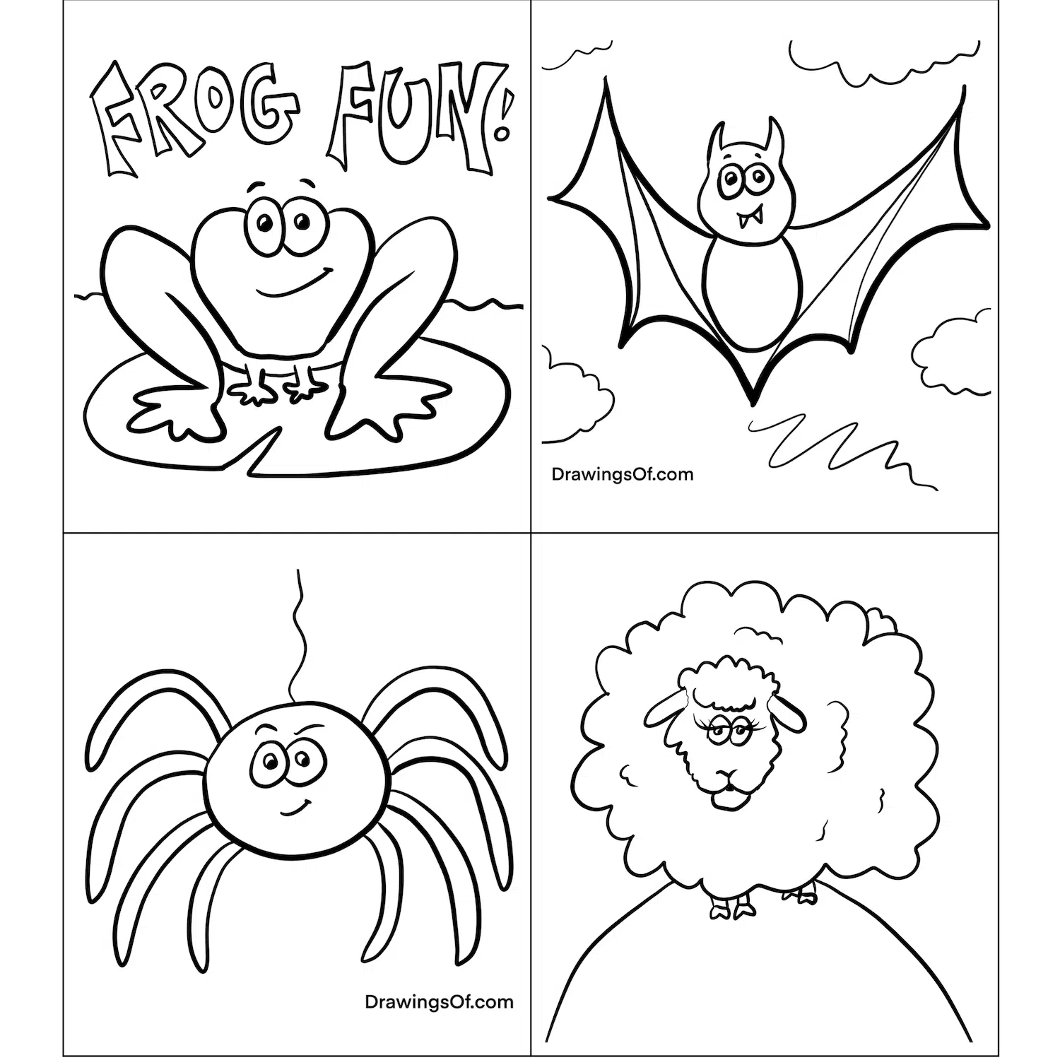 Free Printable Animal Color Pages with a frog, bat, spider, and sheep for kids to color