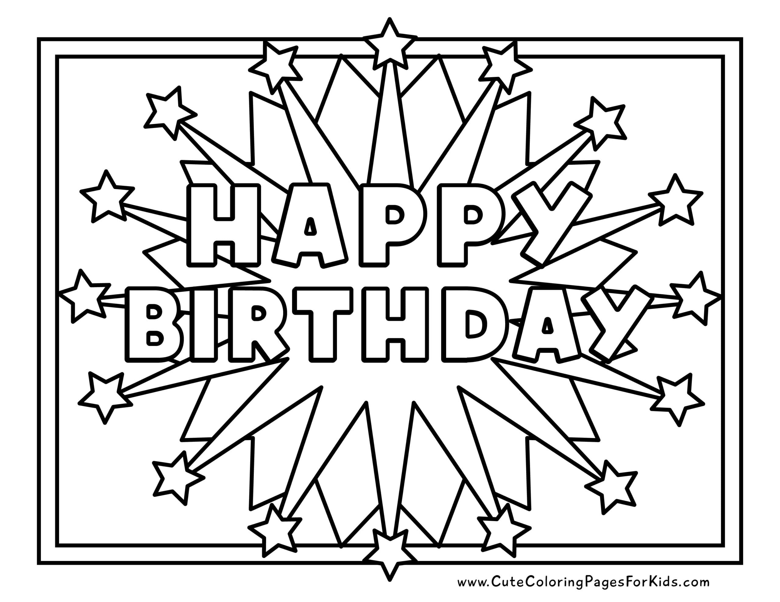 Free Printable Birthday Coloring Pages featuring a vibrant Happy Birthday design with stars