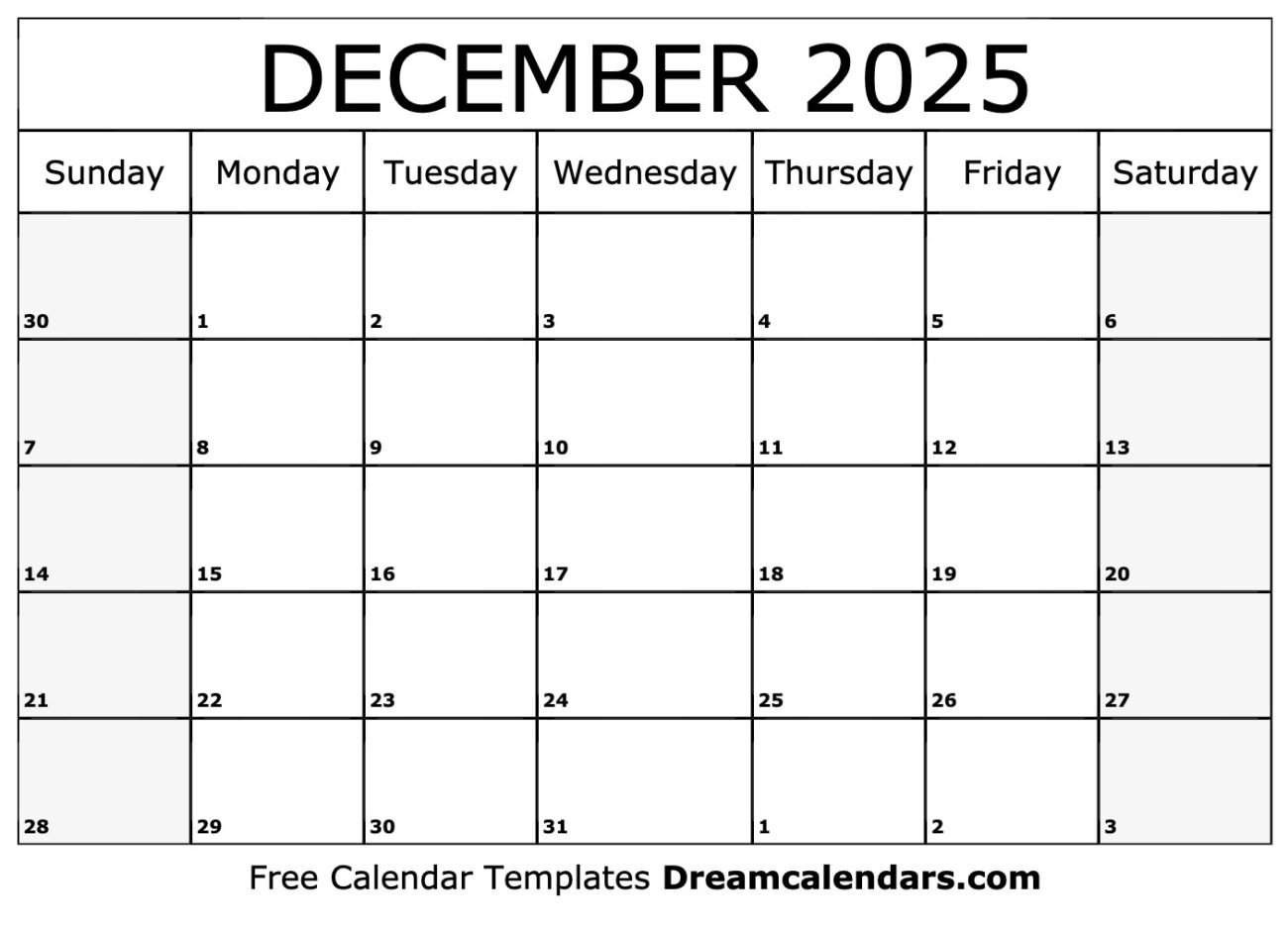 Free Printable Calendar Dec 2025 - December 2025 Calendar - Free Printable with Holidays and Observances