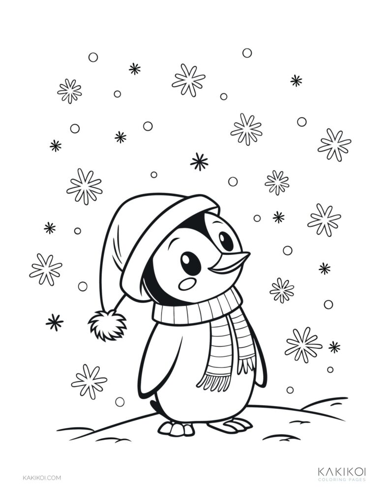 Free Printable Childrens Christmas Coloring Pages – Penguin in Winter Scene Free Printable Childrens Christmas Coloring Pages featuring a cheerful penguin in a winter scene