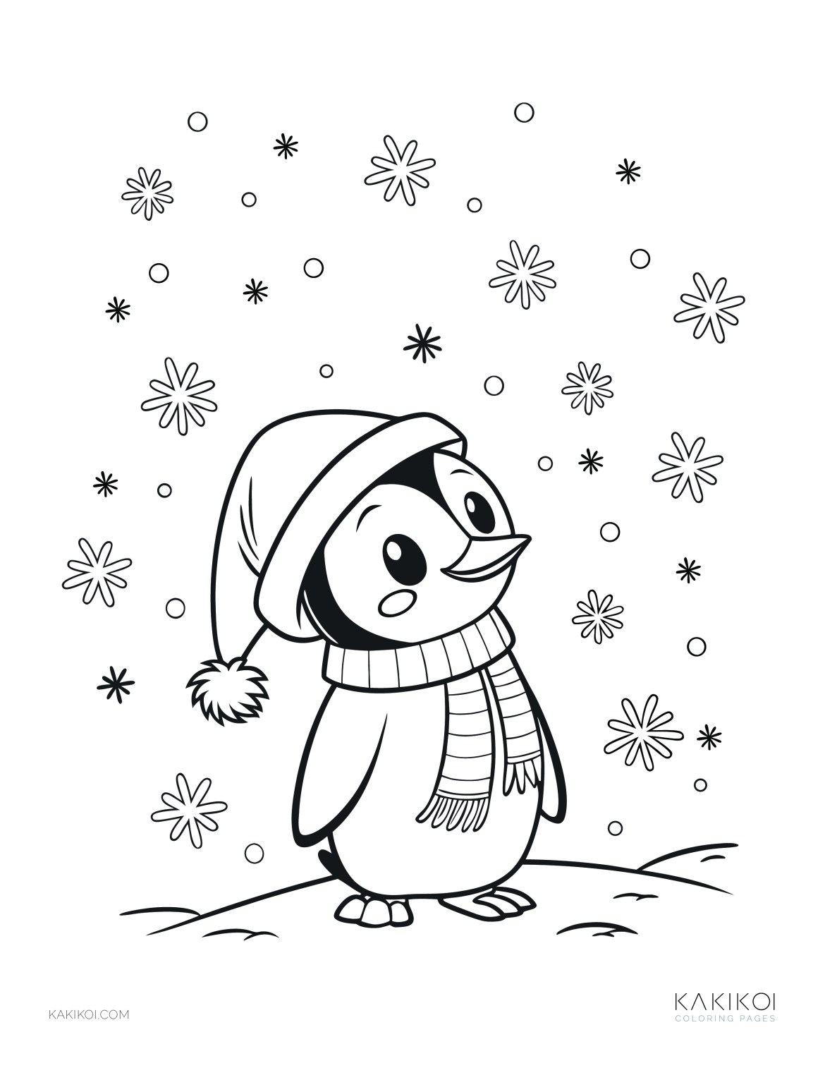 Free Printable Childrens Christmas Coloring Pages featuring a cheerful penguin in a winter scene