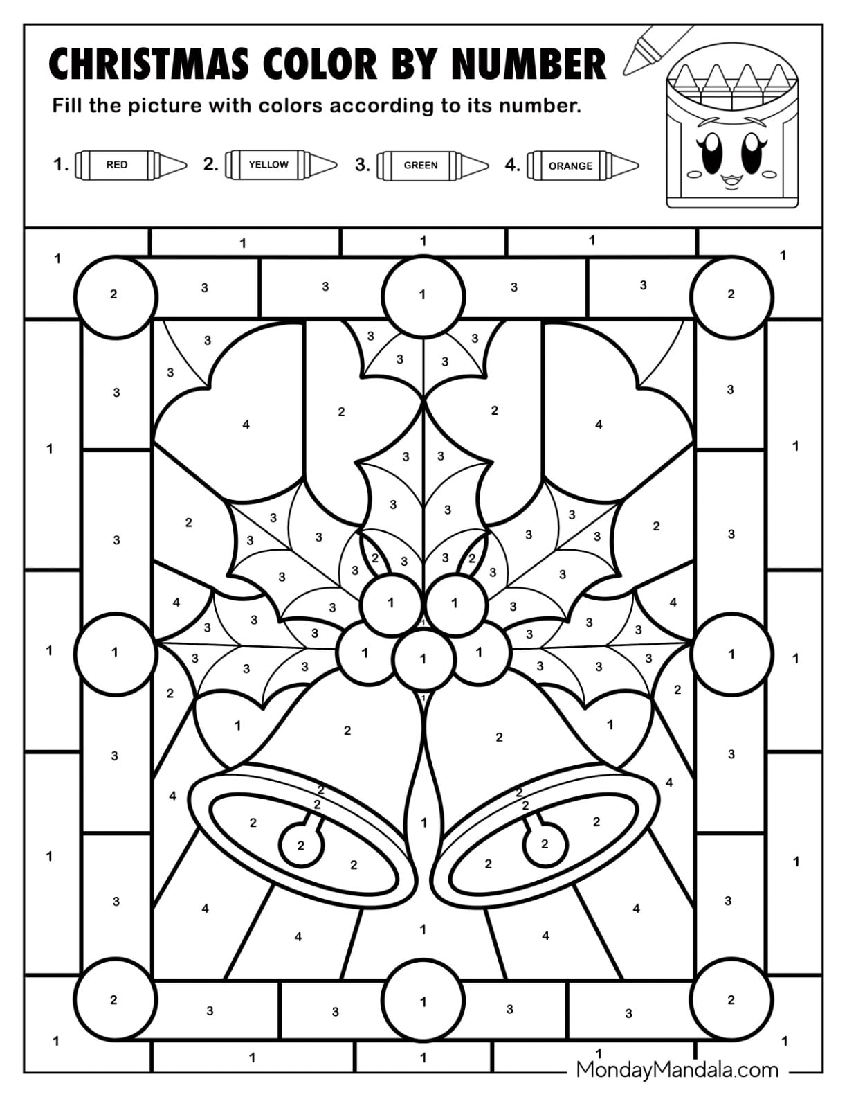 Free Printable Christmas Color By Number worksheet featuring bells and holly leaves