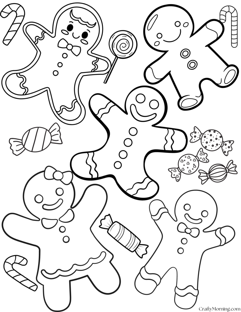 Free Printable Gingerbread Coloring Page for Kids A fun gingerbread man and candy coloring page featuring multiple gingerbread characters