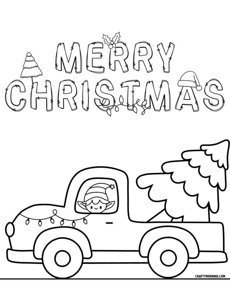 Coloring page of a truck carrying a Christmas tree with 'Merry Christmas' text for kids
