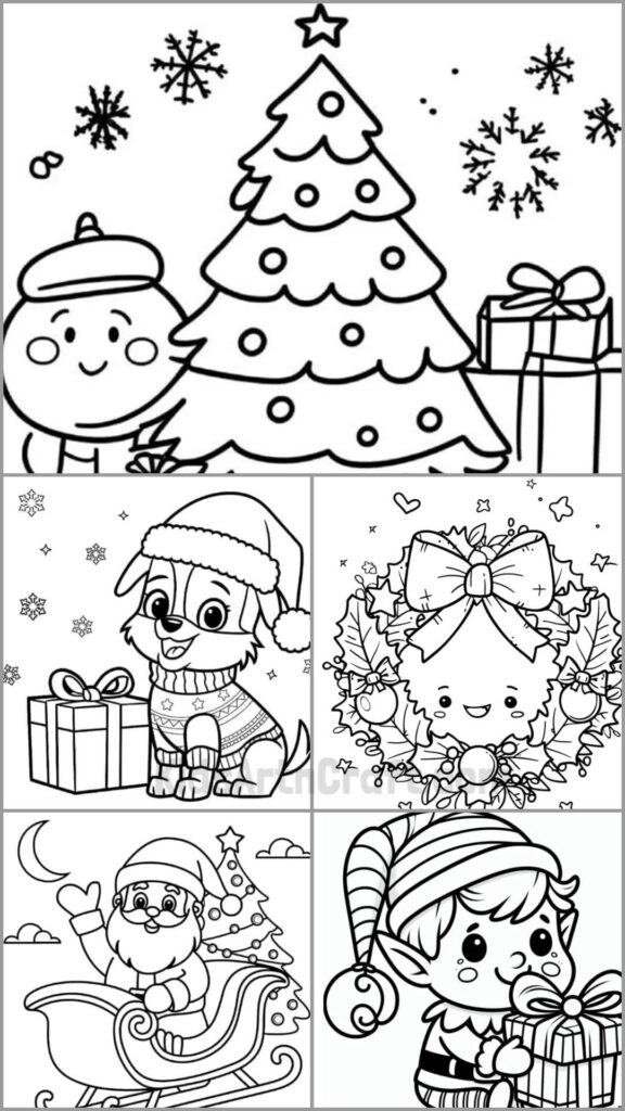 Free Printable Christmas Pictures To Color showing kids with a Christmas tree and presents