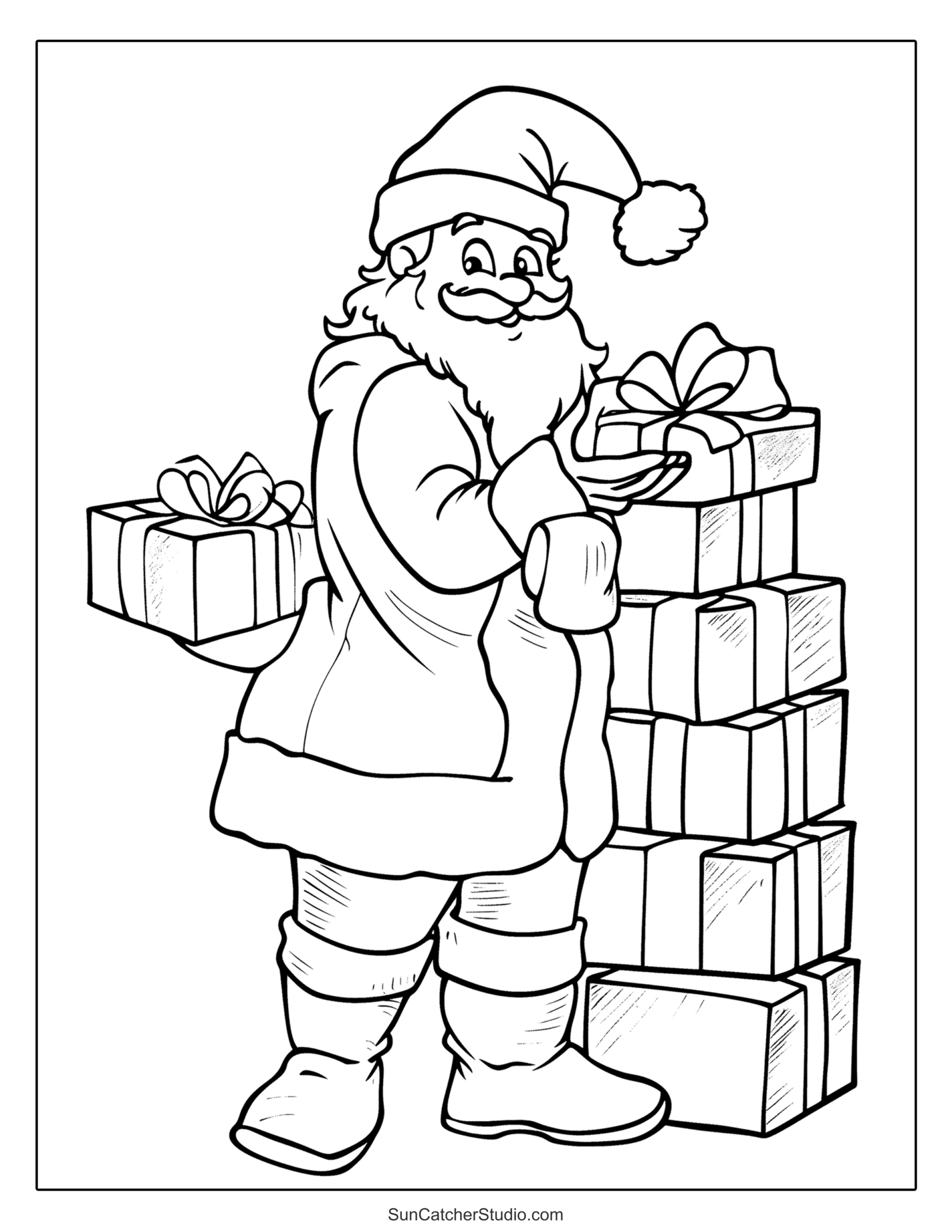 Free Printable Christmas Pictures To Color For Adults featuring Santa carrying gifts
