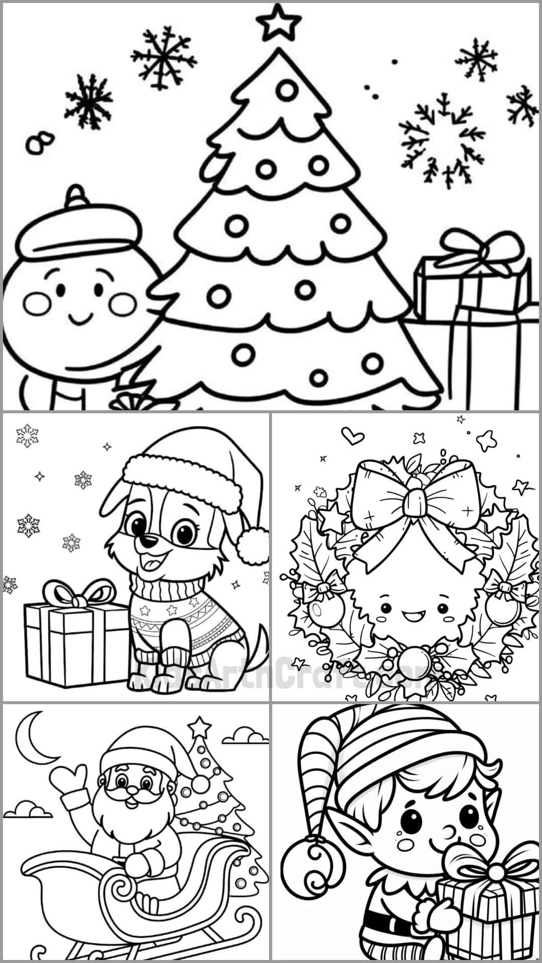 Free Printable Christmas Pictures To Color showing kids with a Christmas tree and presents