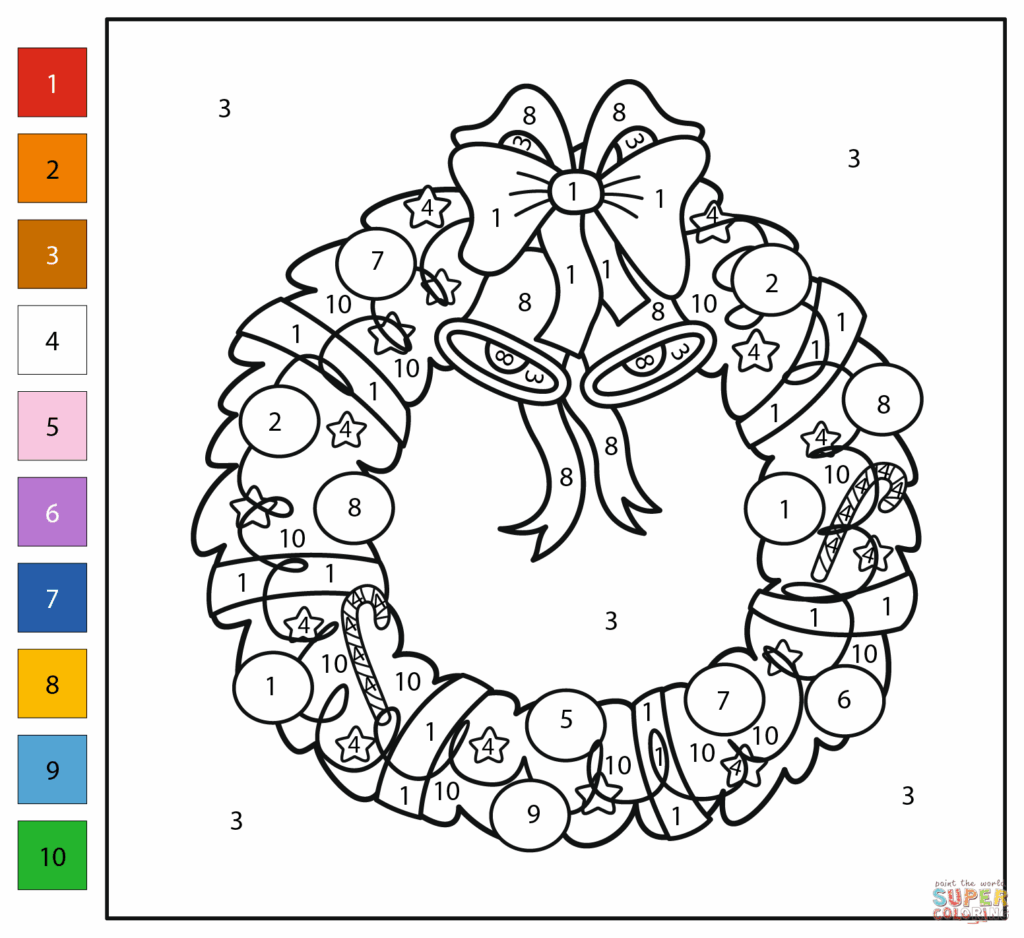 Free Printable Color By Number Christmas wreath featuring festive decorations and numbers to color