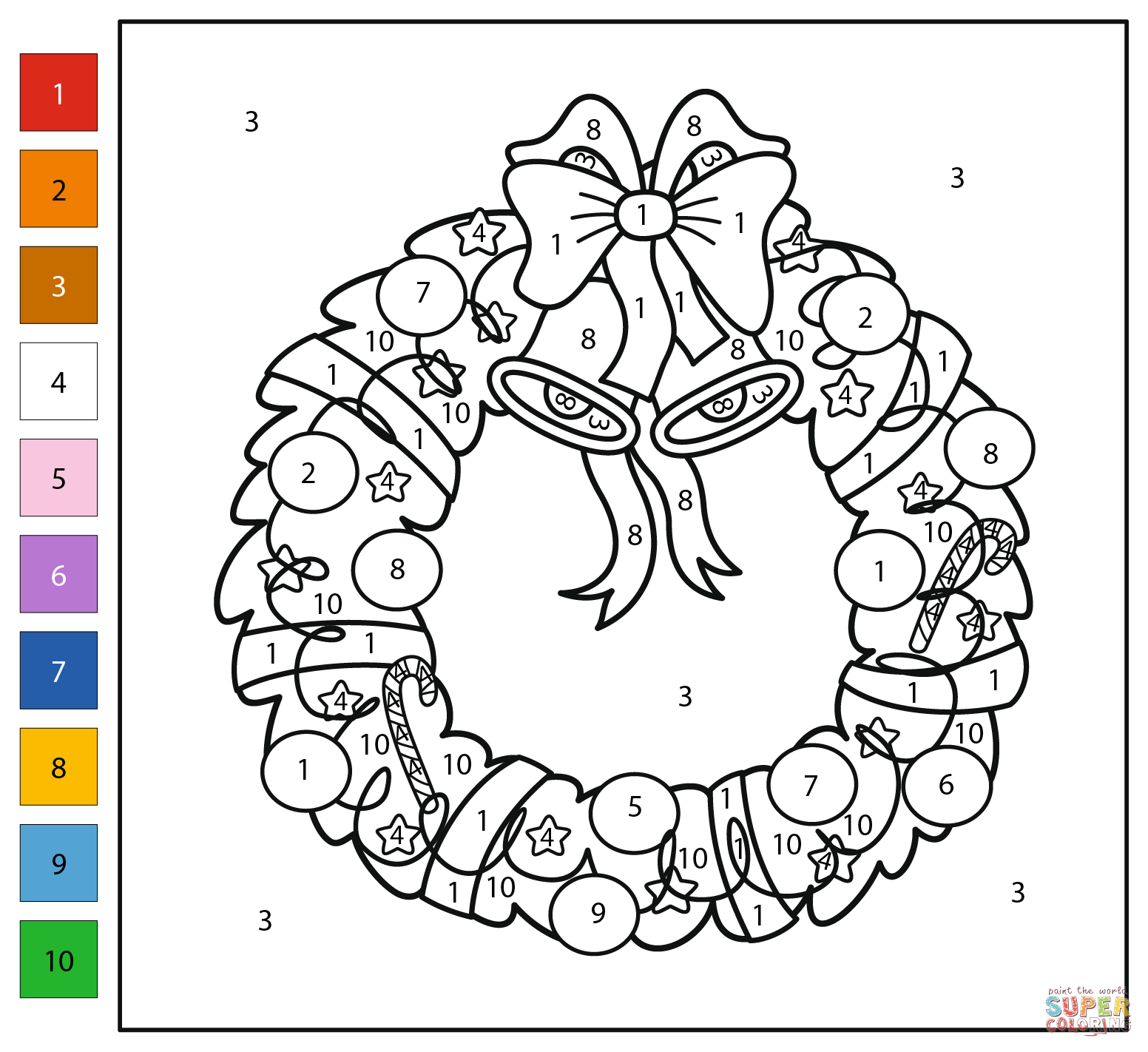 Free Printable Color By Number Christmas wreath featuring festive decorations and numbers to color