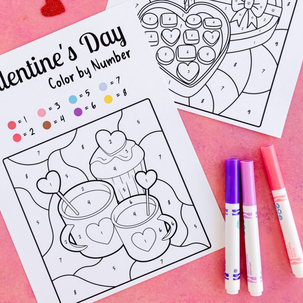Free Printable Color By Number For Adults – Valentine’s Day Theme Free Printable Color By Number For Adults featuring Valentine's Day designs with hearts and treats