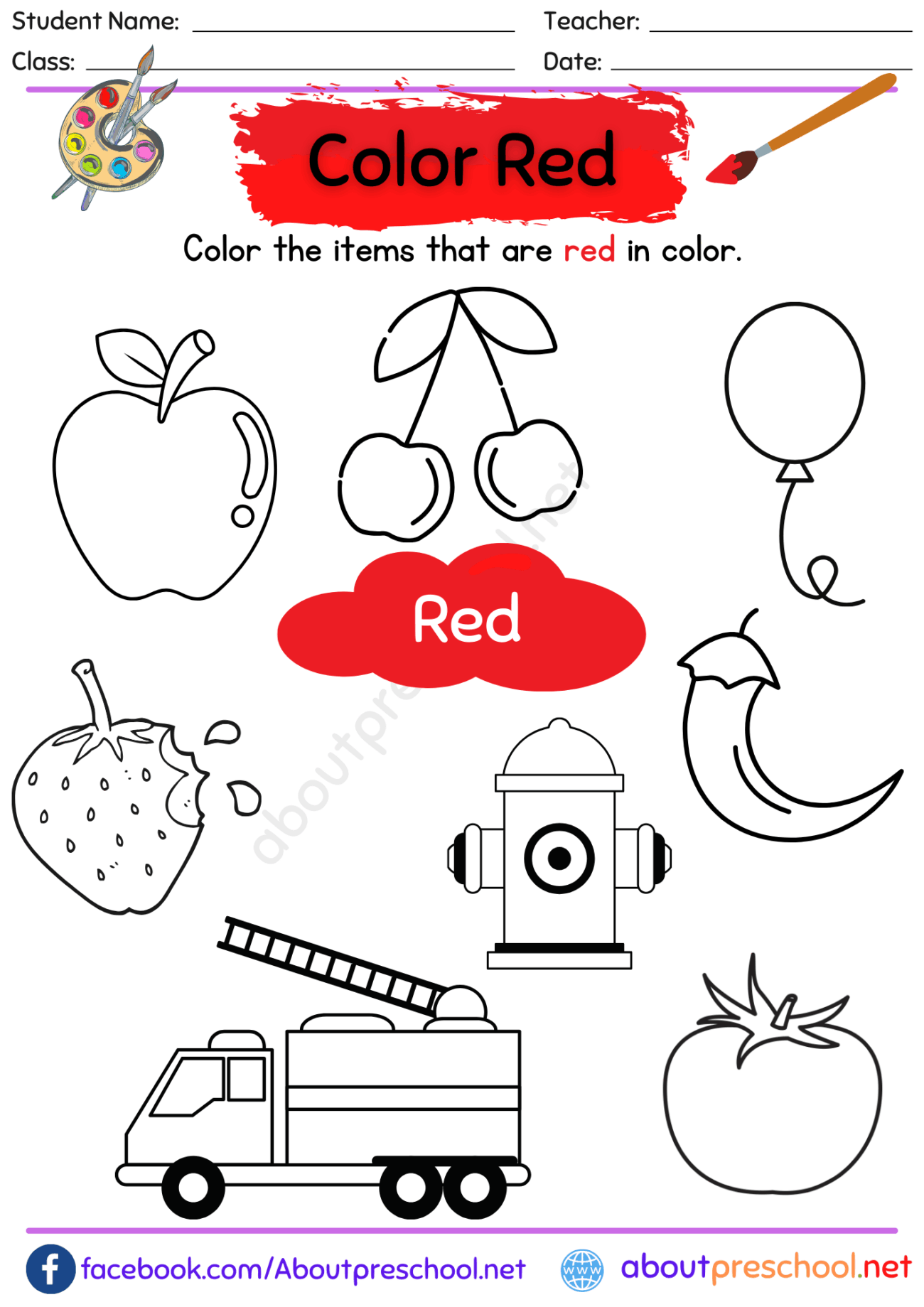 Free Printable Color Red Worksheets For Preschoolers