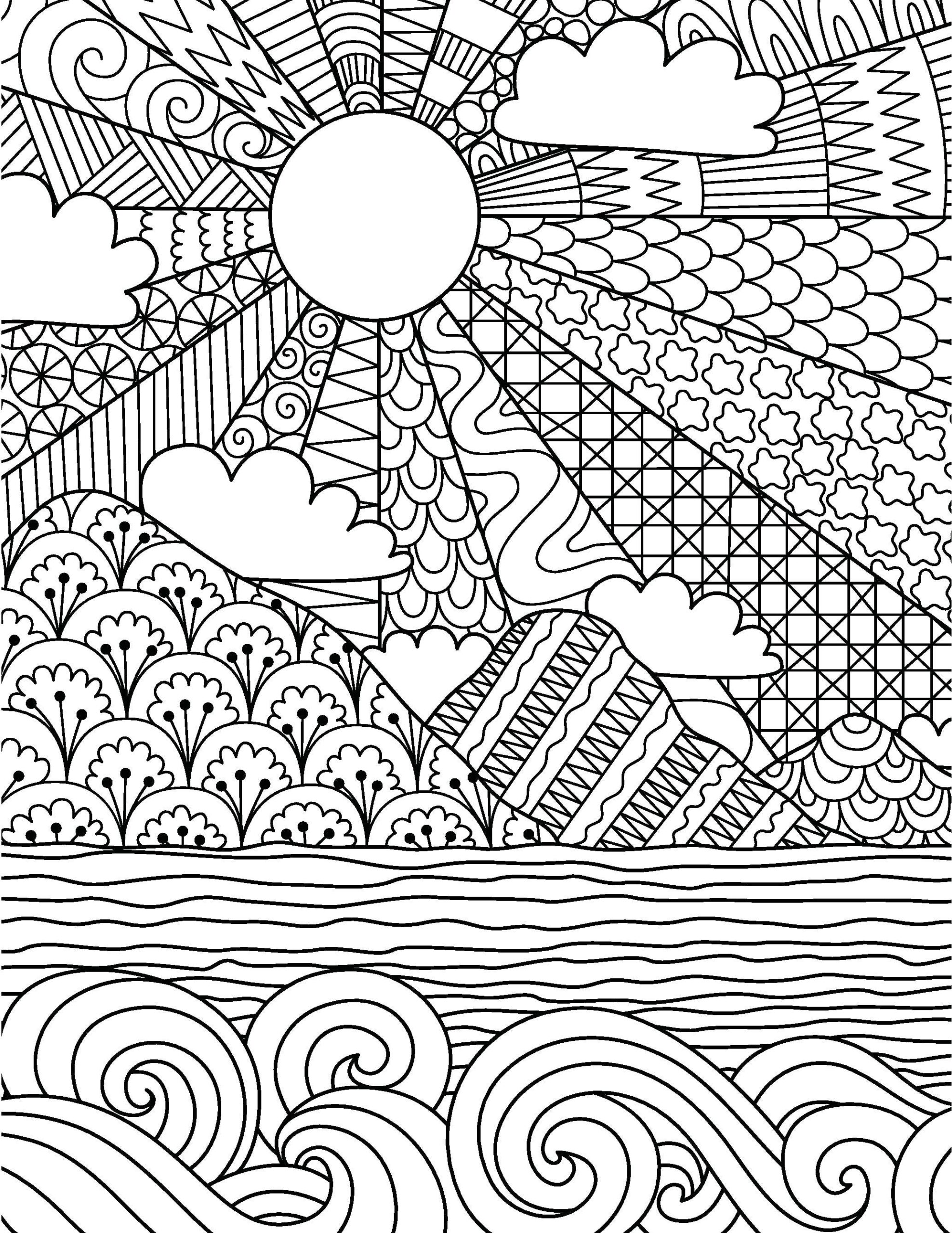 Free Printable Coloring Pages Adults featuring a detailed sunshine and wave design for relaxation