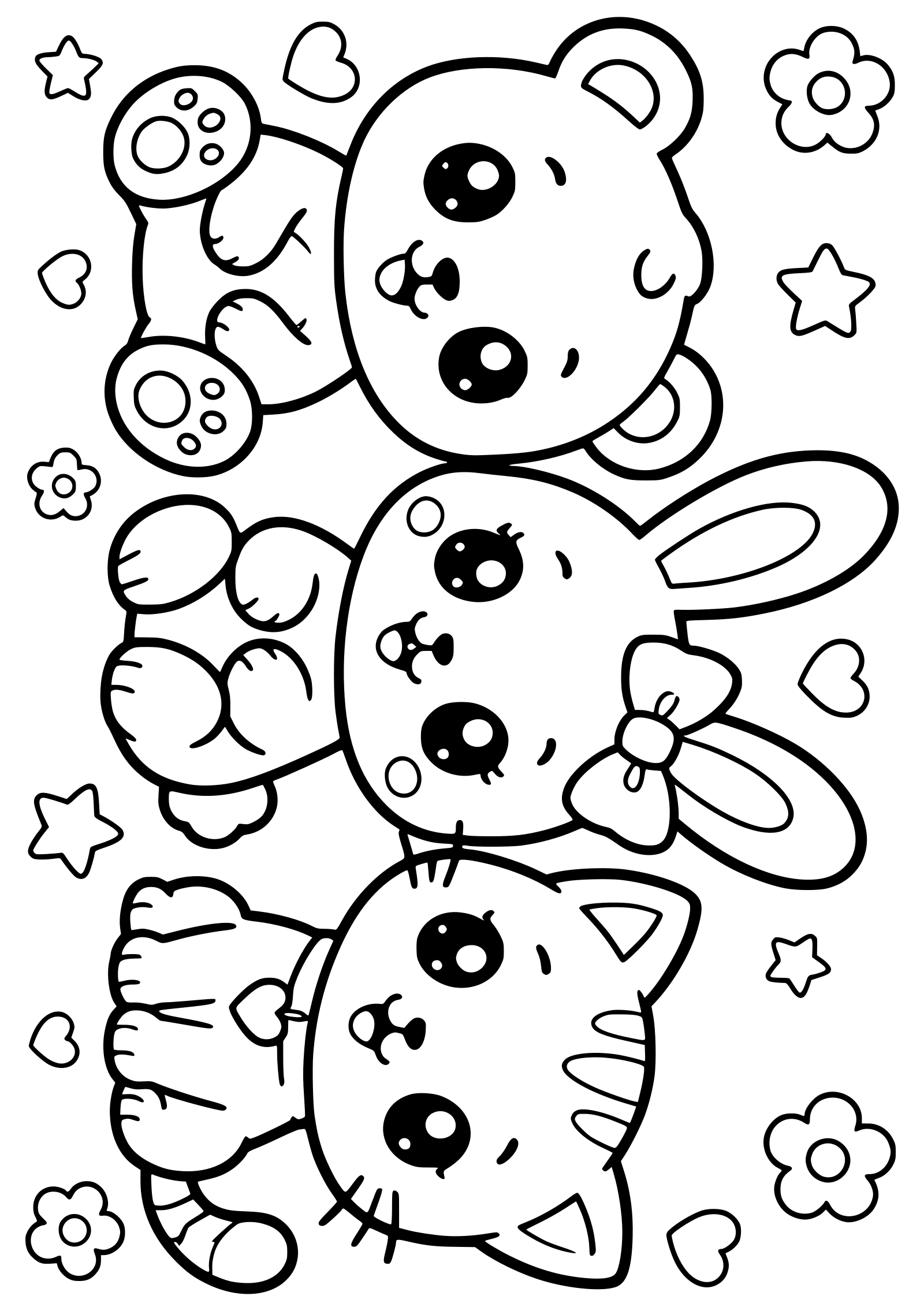 Free Printable Coloring Pages Of Animals with a bear, bunny, and kitten surrounded by flowers and hearts