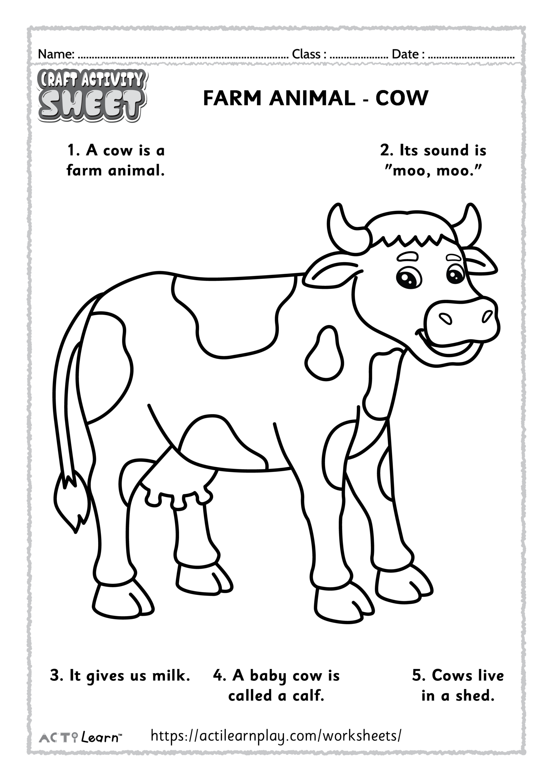 Free Printable Coloring Pages Of Farm Animals featuring a cow with fun facts for kids