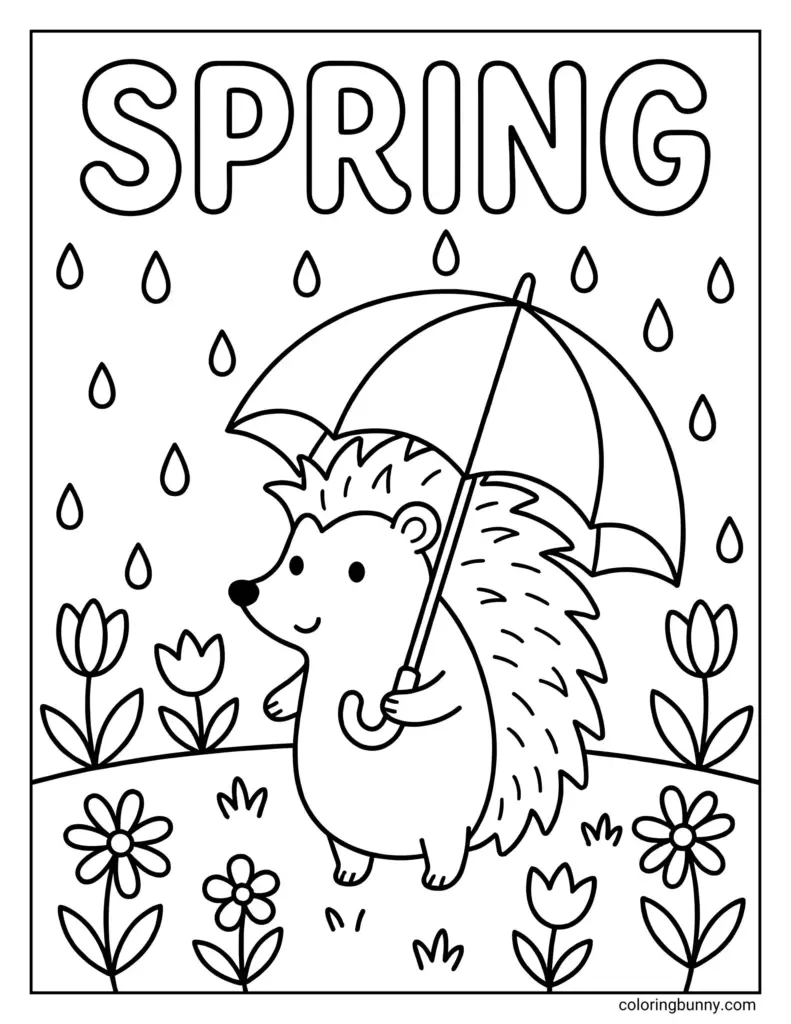 Free Printable Coloring Pages Spring – Hedgehog with Umbrella Free Printable Coloring Pages Spring featuring a hedgehog holding an umbrella in a garden
