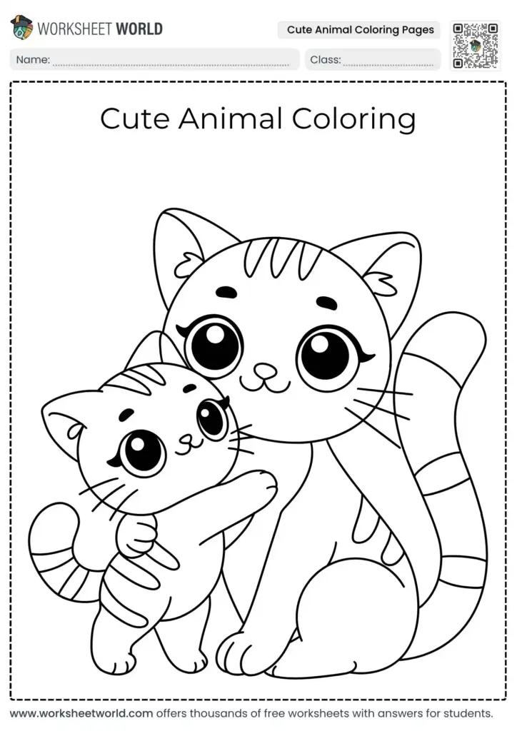 Free Printable Cute Animal Coloring Pages with a mother cat and her kitten hugging each other
