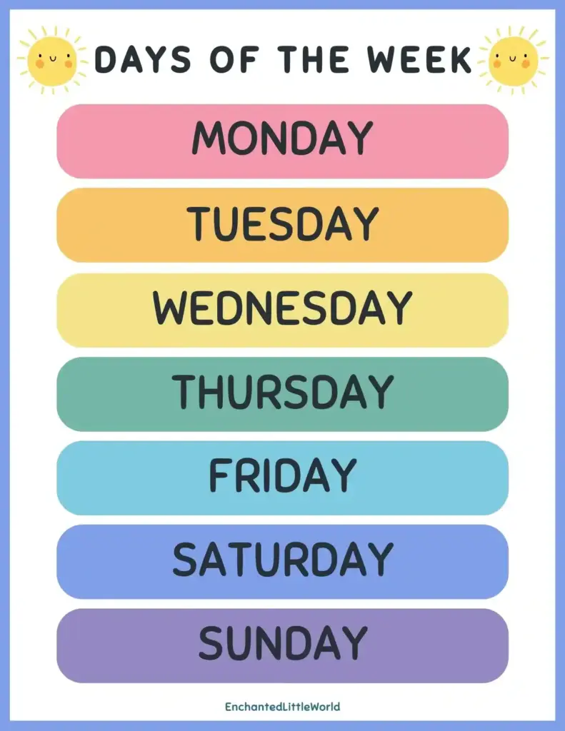 Free printable Days Of The Week Chart designed for kids with fun colors