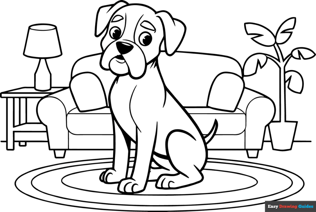 Free Printable Dog Coloring Pages Featuring a Cute Puppy in a Living Room Free Printable Dog Coloring Pages with a cute puppy sitting in a cozy living room setting