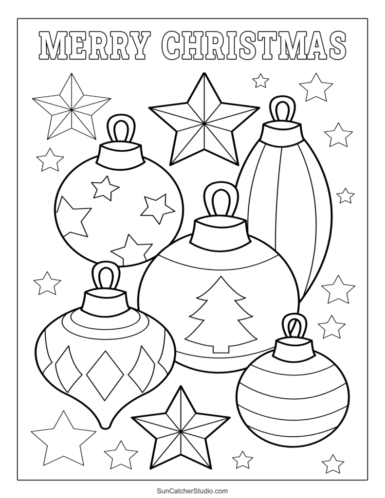 Free Printable Easy Adult Coloring Pages featuring Christmas ornaments and stars for coloring fun