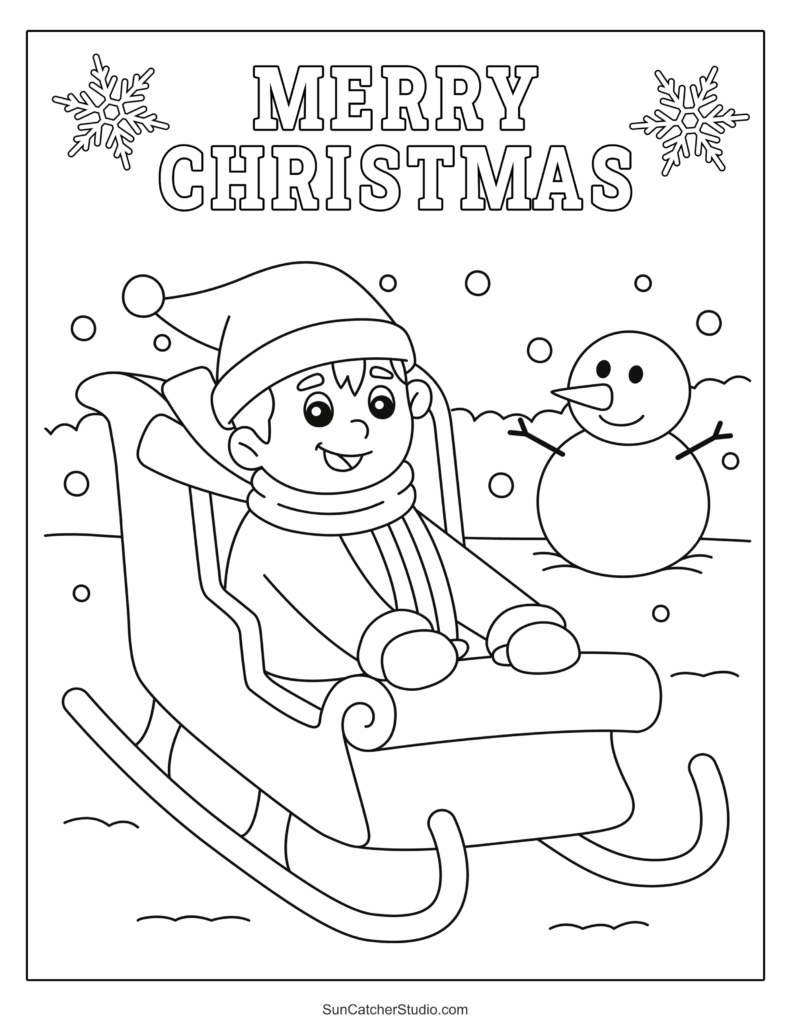 Free Printable Easy Cute Christmas Coloring Pages Featuring a Sledding Scene Free Printable Easy Cute Christmas Coloring Pages with a child sledding and a snowman in the background