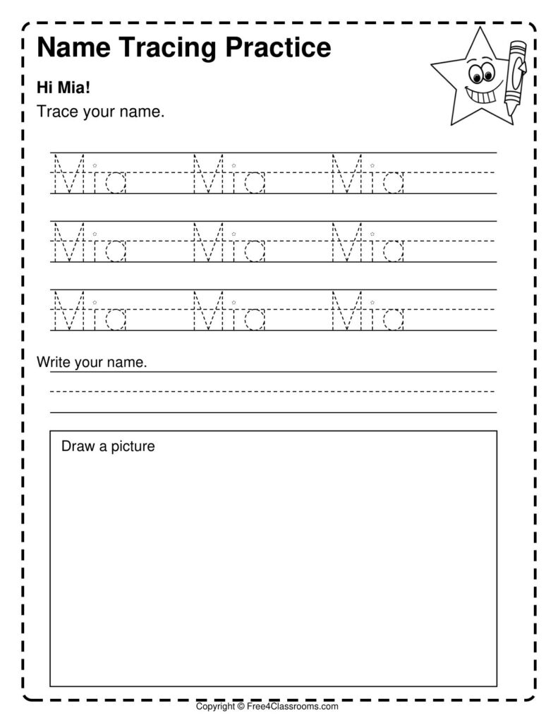 Free Printable Handwriting Worksheets For Kindergarten featuring a name tracing practice for Mia