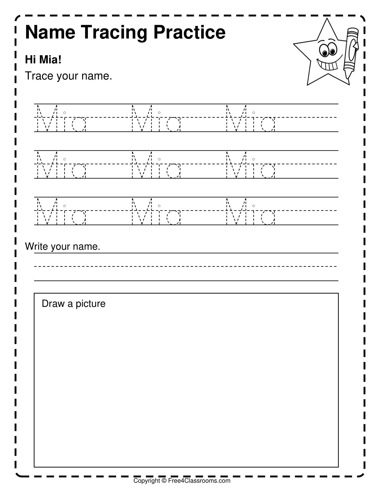 Free Printable Handwriting Worksheets For Kindergarten featuring a name tracing practice for Mia
