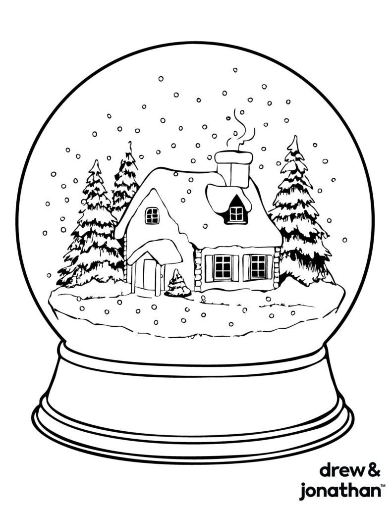 Snow globe coloring page featuring a cozy house and snowy trees